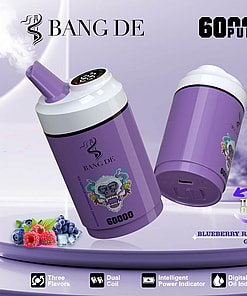 Bang De branded vaping device in purple color with 60,000 puffs, featuring blueberry, raspberry, and grape ice flavors, alongside device features like dual coil and digital oil indicator.