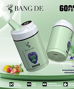 Two cylindrical vaping devices labeled 'Bang DE' with a gorilla image and flavor options including Strawberry Mango and Strawberry Kiwi, featuring 60,000 puffs and technological features like dual coil and digital oil indicator.