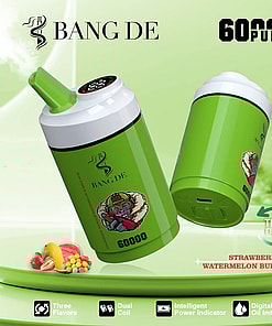 Advertisement featuring a green disposable vape with branding 'Bang De' and a 60000 puffs capacity, showcasing three flavors: strawberry mango, watermelon, and bubble gum, with various features highlighted in icons.