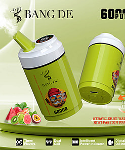 Promotional image of Bang De vape device with green body, featuring dual coils and digital oil indicator, offering flavors like strawberry watermelon and kiwi passion fruit guava, highlighted by its 60,000 puff capacity.