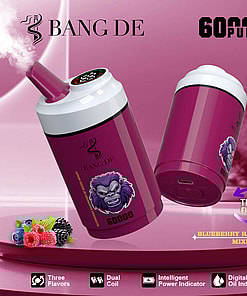 Promotional image of a BANG DE vaping product featuring dual coils, intelligent power and oil indicators, available in three flavors including blueberry, raspberry, and mixed berry, with branding and design emphasizing 60,000 puffs.