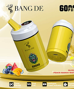 Promotional image of the Bang De vape with a yellow design, highlighting features like 60,000 puffs, three flavors (Blueberry Ice, Peach Mango, Watermelon), dual coil, intelligent power indicator, and digital oil indicator.