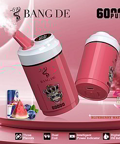 Marketing image of Bang De vaping device showcasing its pink cylindrical design, flavor options including Red Bull, Blueberry, and Watermelon, with specifications like 60,000 puffs, dual coil system, intelligent power indicator, and digital oil indicator against a red background.
