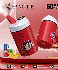Promotional image showcasing the Bang DE vaping device in red, advertising features like 60,000 puffs, three flavors (Red Bull, Strawberry, Banana), dual coil system, intelligent power and oil indicators, accompanied by flavor illustrations and sleek design elements on a red backdrop.