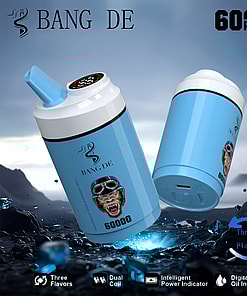 Promotional image of Bang De vaping device featuring a cartoon monkey with aviator goggles, display panel, and highlighted features including three flavors, dual coil, intelligent power indicator, and digital oil indicator, set against a rugged outdoor background.