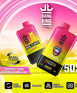 Advertisement featuring Bang King dual flavor vapes with 50,000 puffs, highlighting strawberry mango and watermelon bubble gum flavors, mesh coil technology, and adjustable airflow against a gradient background.