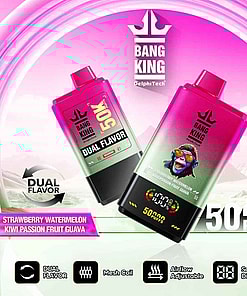 Advertisement for Bang King 50k dual-flavor vaping devices featuring highlighted features, including mesh coil and adjustable airflow, offering flavors like Strawberry Watermelon and Kiwi Passion Fruit Guava.