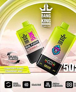 Promotional image for Bang King dual flavor vaping device featuring 50,000 puffs, strawberry mango and strawberry kiwi flavors, a digital screen display, mesh coil, and adjustable airflow, set against a stylized background.
