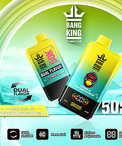 Promotional graphic for Bang King dual flavor vape, showcasing blueberry ice and peach mango watermelon flavors, highlighting features like mesh coil, adjustable airflow, and screen digital display with 50,000 puff capacity against an icy mountain-themed background.