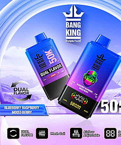 Promotional image featuring Bang King DelphiTech vape devices showcasing dual flavors Blueberry Raspberry and Mixed Berry with descriptions of 50,000 puffs, adjustable airflow, and digital screen display against a mountainous background.