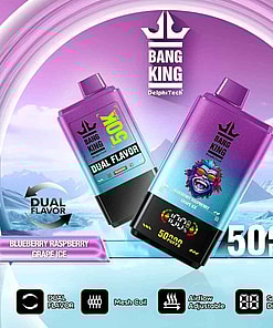 Promotional image featuring Bang King DelphiTech vape devices showcasing dual flavors Blueberry Raspberry and Mixed Berry with descriptions of 50,000 puffs, adjustable airflow, and digital screen display against a mountainous background.