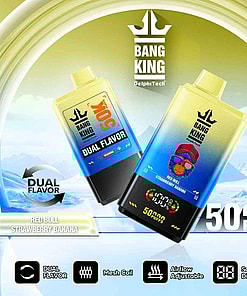 Promotional banner for Bang King 50000 dual flavor vaping device featuring Red Bull Strawberry Banana flavor, showcasing its 50,000 puff capacity, adjustable airflow, mesh coil technology, and screen display against a stylized icy mountain background.