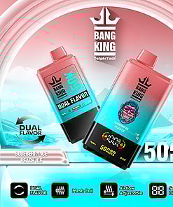 Promotional image showcasing Bang King DelphiTech dual-flavor vape devices in Blueberry Ice and Peach Ice flavors, highlighting features such as 50,000 puffs, mesh coil, airflow adjustability, and digital screen display against a cool, misty backdrop.
