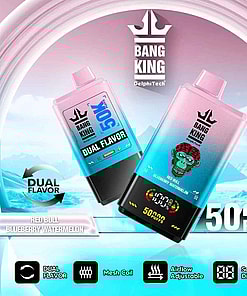 Promotional image featuring Bang King DelphiTech dual-flavor electronic vaporizer pens with 50,000 puffs, displayed against a stylized icy mountain background.