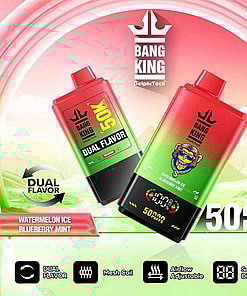 Promotional image featuring two Bang King DelphiTech dual flavor vape devices in red and green gradient designs, offering Watermelon Ice and Blueberry Mint flavors with 50,000 puffs, mesh coil, adjustable airflow, and a digital display; set against a vibrant backdrop.