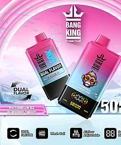 Promotional image of Bang King vaping device showcasing dual flavors, 50,000 puffs, adjustable airflow, mesh coil technology, and digital screen in a vibrant design with watermelon ice and blueberry cherry flavors.