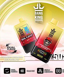 Advertising image of two Bang King Dual Flavor vaping devices showcasing flavors Strawberry Watermelon and Black Dragon Ice with features like mesh coil, adjustable airflow, and a digital display for 50,000 puffs.
