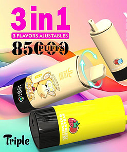 Advertisement showcasing a Bang King vaping device with a rotating triple flavor system, promising 8500 puffs, featuring colorful packaging designs including strawberry watermelon and Red Bull flavor variants against a vibrant gradient background.