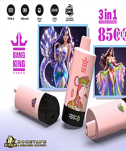 Promotional image showcasing 'Bang King' vape devices in pink color with a 'Bored Ape' illustration on one, and vibrant product designs with features mentioned including 85000 puffs and 3-in-1 adjustable flavors, complemented by artistic depictions of colorful feminine characters in fantasy attire, alongside the 'Doge Vape' logo.