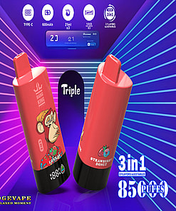 Promotional image showing two colorful vape devices labeled Bang King and Strawberry Donut, with specifications such as 3-in-1 flavors, 8500 puffs, and 600mAh battery, set against a vibrant purple and blue background.