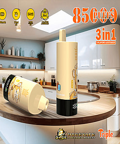 Promotional image featuring DogeVape Bang King vape devices on a modern kitchen counter, showcasing product specifications and features such as puff count and flavor adjustment.