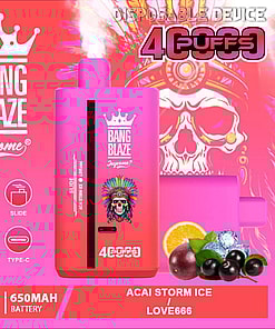 Promotional Image For The Bang Blaze Joycome Disposable Vape Featuring Its Pink Casing, Mesh Coil, 40Ml Volume, 650Mah Battery, And Acai Storm Ice Flavor With A Background Of Ice And Fruits.