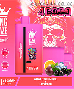 Promotional image of Bang Blaze disposable vape device featuring Acai Storm Ice flavor, with a pink color scheme, mesh coil and Type-C compatibility, highlighted by decorative elements and fruit illustrations.
