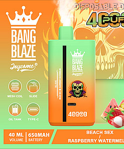 Promotional Image For The Bang Blaze Disposable Vape Device, Featuring A Green And Orange Gradient Design, Details Like 40Ml Volume, 650Mah Battery, Raspberry And Watermelon Flavoring, And Bold Branding Text With Illustrated Fruit And A Flaming Skull Background.