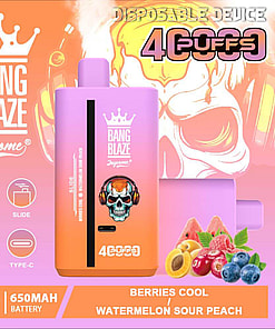 A Product Advertisement For The Bang Blaze Disposable Vape Device Featuring A Colorful Design, 4000 Puffs, And Berries Cool/Watermelon Sour Peach Flavors.