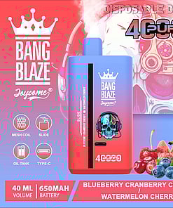 Promotional Image For Bang Blaze Disposable Vape Device Featuring A Colorful Design, Blueberry, Cranberry, And Watermelon Flavors, And Specifications Like 40Ml Volume And 650Mah Battery With 4000 Puffs Capacity.