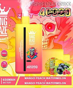 Bright Promotional Image Featuring A Bang Blaze Disposable Vape In Yellow-To-Pink Gradient, A Skull-Themed Artwork In The Background, And Flavor Description Of Mango Peach Watermelon; Additional Details Include Mesh Coil, 650Mah Battery, And 40Ml Capacity.