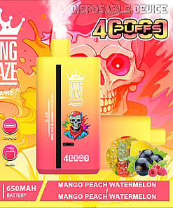 Promotional Image For The Bang Blaze Disposable Vape Device Featuring A Skull Graphic, Product Details Such As 40Ml Liquid Capacity And 650Mah Battery, And Flavors Like Mango Peach Watermelon.