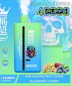 Promotional Image Of The Bang Blaze Disposable Vape Displaying 4000 Puffs Capacity, Features Kiwi Passion Fruit Guava Or Blueberry Cherry Flavors, Mesh Coil Technology, 40Ml Oil Tank, Usb Type-C Charging, And A 650Mah Battery, With Colorful Fruit Illustrations And Stylized Design Elements.