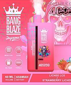 Promotional Image For The Bang Blaze Joycome Disposable Vape Device In Pink, Featuring A 40Ml E-Liquid Volume, 650Mah Battery, And Flavors Like Lychee Ice And Strawberry Lychee.