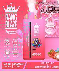 A Promotional Image For The Bang Blaze Joycome Disposable Vape Device Featuring A Pink Design With Crown Branding, Specifications, And Flavor Description Of Lychee Ice And Strawberry Lychee, Along With Stylized Fruit Graphics.