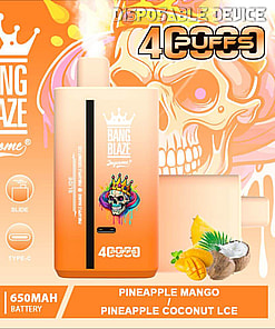 Promotional Image Featuring The Bang Blaze Disposable Vape Device With A Crown Logo, Showcasing A 40Ml Capacity And 650Mah Battery With Flavor Options: Pineapple Mango And Pineapple Coconut Ice. The Bright Orange Design Includes A Skull Graphic And Informational Icons For Its Slide Activation And Type-C Port.