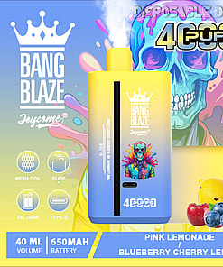 Promotional Image Featuring A Colorful Disposable Vaping Device, Branded 'Bang Blaze 40000 Joycome,' With Flavors 'Pink Lemonade' And 'Blueberry Cherry Lemon,' 4000 Puffs Capacity, 40Ml Volume, And A 650Mah Battery, Displayed With Vibrant Graphics And Fruit Visuals.