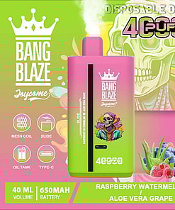 Promotional Image Showcasing A Bang Blaze Joycome Disposable Vape Device In Pink And Green, Featuring Flavor Options Like Raspberry Watermelon And Aloe Vera Grape, With Additional Icons And Specifications Such As 40Ml Volume And 650Mah Battery.