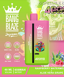 Promotional Image Of The Bang Blaze Disposable Vape Device Featuring Raspberry Watermelon And Aloe Vera Grape Flavors, With Colorful Packaging Including A Skeleton Graphic And Lime Green Background.