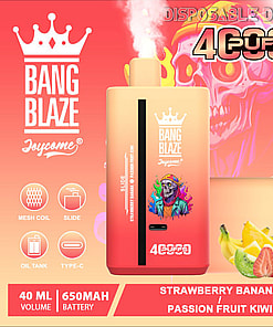 Advertisement For Bang Blaze Joycome Disposable Vape With 40Ml Capacity, 650Mah Battery, Fruit Flavors Like Strawberry Banana And Passion Fruit Kiwi, And Vibrant Branding.