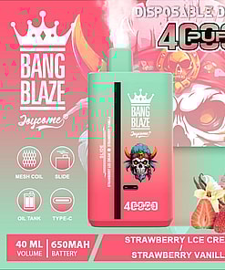 Promotional Image Of The Bang Blaze Disposable Vape Featuring Strawberry Ice Cream Flavor, Showcasing Its Colorful Package Design With A Skull-Themed Graphic, Labeled As Offering 4,000 Puffs, 40Ml Volume, A 650Mah Battery, And Mesh Coil Technology.