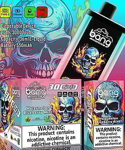Bang 30000 PRO Promotional packaging image for a disposable vape device with a skull design and the flavor highlighted as Watermelon Blueberry Mint, accompanied by a health warning on nicotine content.