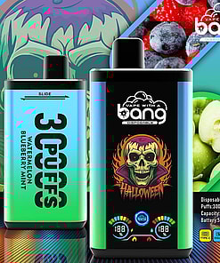 Promotional Image Of Two Vape Devices Branded 'Bang Disposable,' Featuring A Halloween-Themed Design And Offering A Variety Of Puffs And E-Liquid Capacities, Accompanied By Images Of Fruits Like Blueberries And Apples.