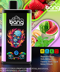 Colorful Promotional Image For The 'Vape With A Bang' Disposable Device Featuring A Skull Design, Specifications Like 30,000 Puffs, 36Ml Capacity, And 550Mah Battery Alongside Fruit Illustrations Indicating Flavor Options.