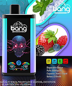 Colorful Advertisement For A Vape With A Bang Disposable Vaping Device, Featuring A Neon Skull Design And Illustrations Of Berries, Mint, And Icy Flavors.