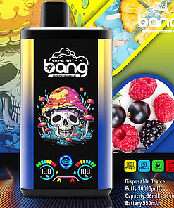 Promotional Image Of A Disposable Vape Device With A Colorful Design, Including A Skull Under A Mushroom Cap. Displays Product Specifications Such As 30,000 Puffs, 36Ml E-Liquid, And A 550Mah Battery Alongside Vibrant Images Of Berries And Popsicle Textures.