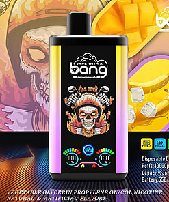 A Vibrant Promotional Image Showcasing A 'Bang' Disposable Vape Device, Labeled 'Fire Devil,' With Detailed Specifications Including 30,000 Puffs, 36Ml Liquid Capacity, And A 550Mah Battery. The Background Includes Imagery Of Bananas, Mango Chunks, And Ice Cubes, Suggesting A Fruity, Cool Flavor Profile.
