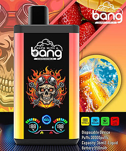 A Promotional Image Of A 'Bang' Disposable Vape Device With A Colorful Design Featuring A Flaming Skull And Technical Specifications Displayed, Including 30,000 Puffs, 36Ml Capacity, And A 550Mah Battery.