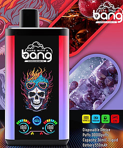 A Vibrant Promotional Image For The Bang Disposable Vaping Device, Displaying The Product With Colorful Artwork Depicting A Flaming Skull Wearing Sunglasses On Its Body, Surrounded By Graphics Of Berries And Product Specifications.