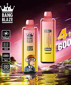 Promotional Image For Bang Blaze, Featuring Two Colorful Vape Devices With A Digital Display, 650Mah 4-In-1 Capacity, Flavored Options, And Supported By Type-C Charging, Against A Vibrant, Stylized Backdrop.